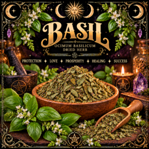Illustration labelled Basil, showing dried leaves in a wooden bowl with green basil sprigs