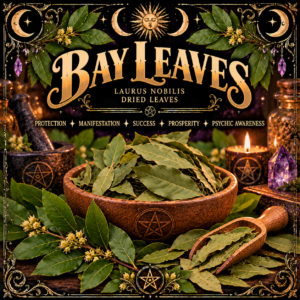 Illustration labelled Bay Leaves, showing whole dried leaves in a wooden bowl with leafy sprigs