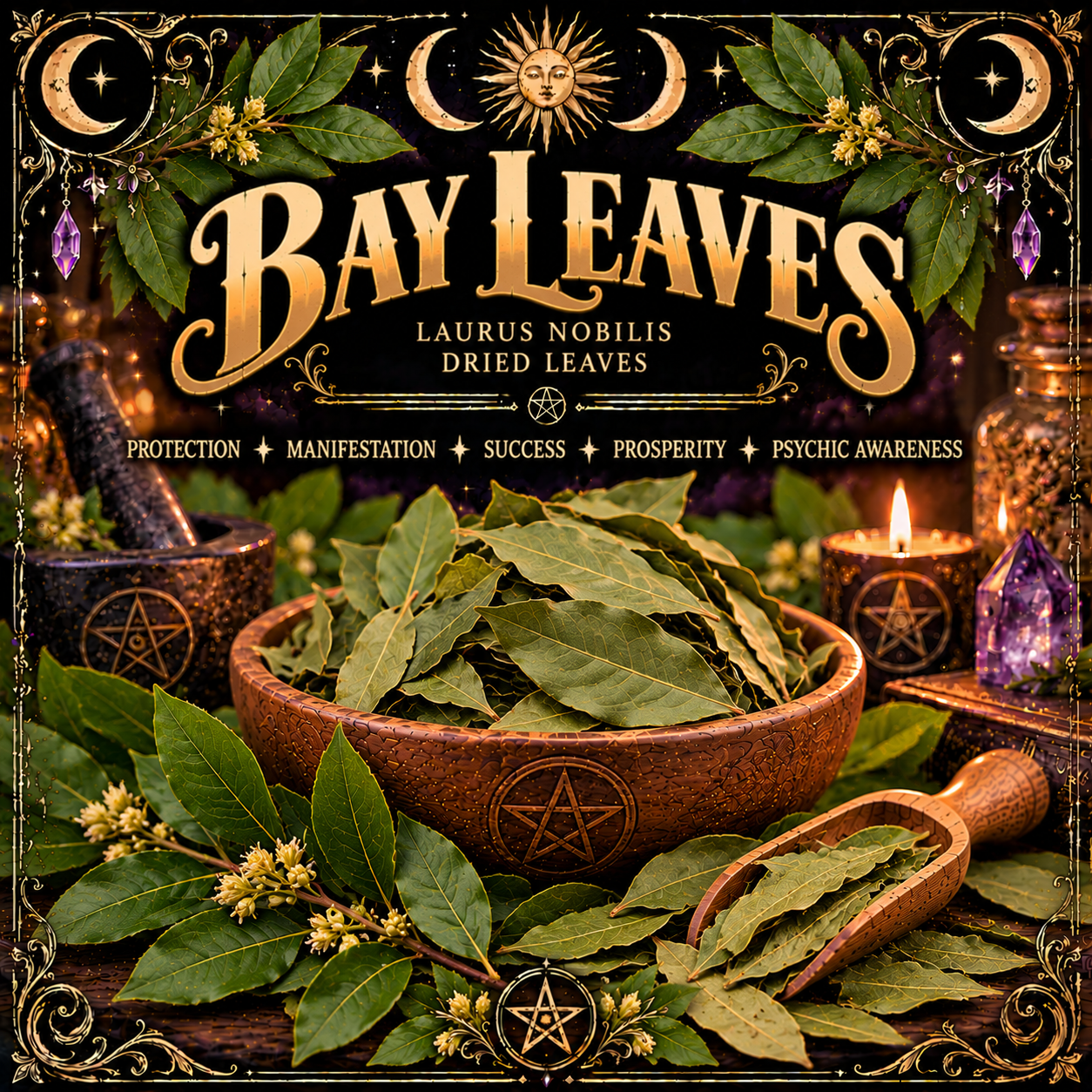 Illustration labelled Bay Leaves, showing whole dried leaves in a wooden bowl with leafy sprigs