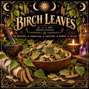Illustration labelled Birch Leaves, showing dried leaves in a wooden bowl with birch bark and catkins
