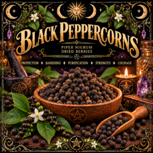 Illustration labelled Black Peppercorns, showing dark peppercorns in a wooden bowl and scoop