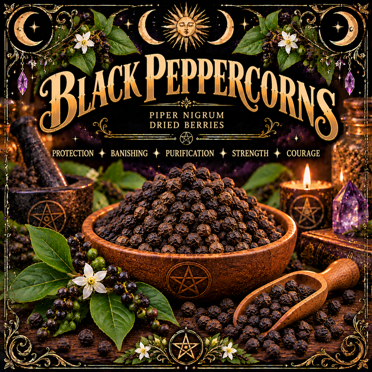 Illustration labelled Black Peppercorns, showing dark peppercorns in a wooden bowl and scoop