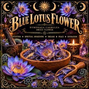 Illustration labelled Blue Lotus Flower, showing dried blue petals in a wooden bowl with blue flowers