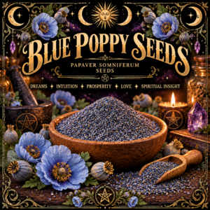 Illustration labelled Blue Poppy Seeds, showing blue-grey seeds in a wooden bowl with blue flowers and seed pods