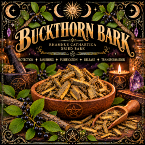 Illustration labelled Buckthorn Bark, showing bark pieces in a wooden bowl with leafy branches and dark berries