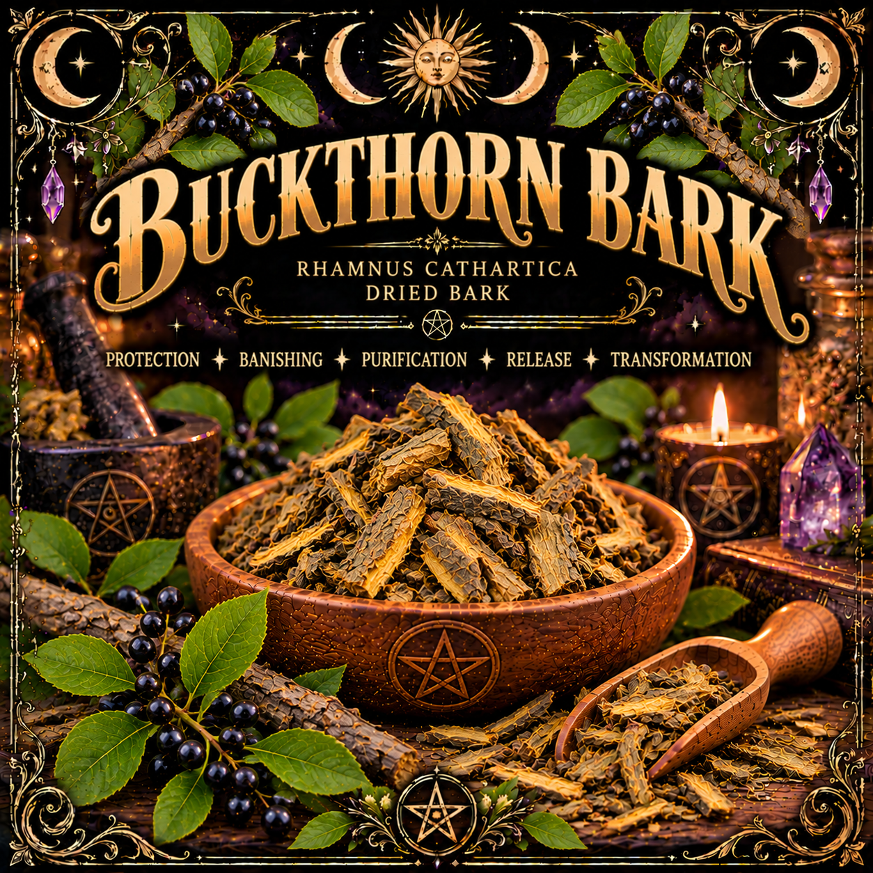 Illustration labelled Buckthorn Bark, showing bark pieces in a wooden bowl with leafy branches and dark berries