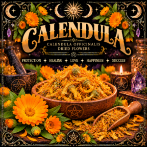 Illustration labelled Calendula, showing orange petals in a wooden bowl with orange flowers