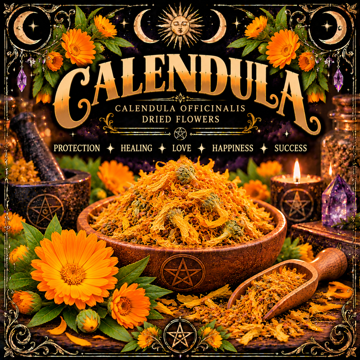 Illustration labelled Calendula, showing orange petals in a wooden bowl with orange flowers