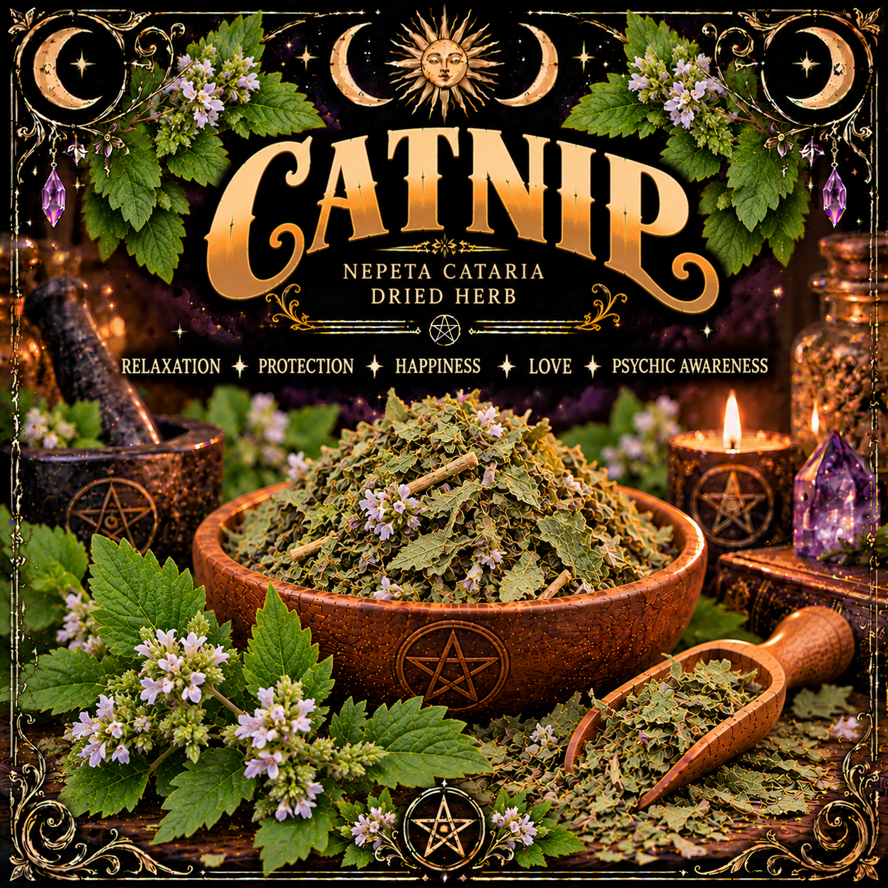 Illustration labelled Catnip, showing dried leaves in a wooden bowl with pale purple flowers