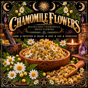 Illustration labelled Chamomile Flowers, showing dried flower heads in a wooden bowl with white daisies