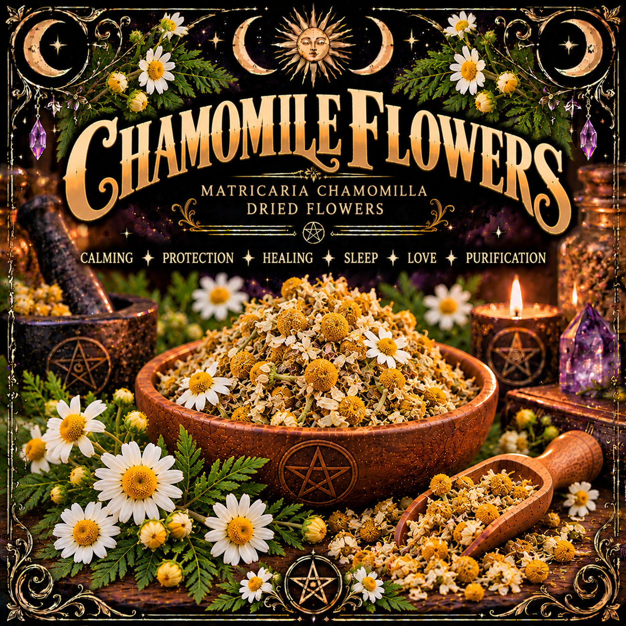 Illustration labelled Chamomile Flowers, showing dried flower heads in a wooden bowl with white daisies