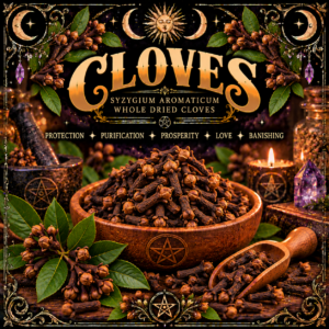 Illustration labelled Cloves, showing whole brown cloves in a wooden bowl and scoop