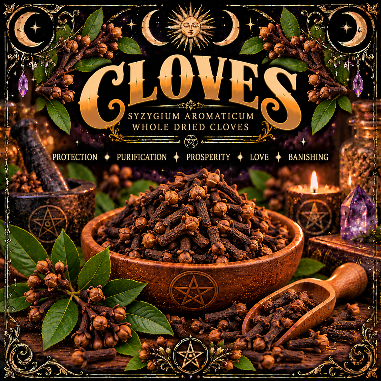 Illustration labelled Cloves, showing whole brown cloves in a wooden bowl and scoop