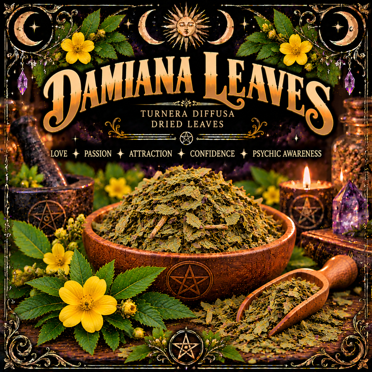 Illustration labelled Damiana Leaves, showing dried leaves in a wooden bowl with yellow flowers