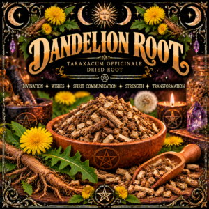 Illustration labelled Dandelion Root, showing chopped roots in a bowl and scoop with yellow flowers
