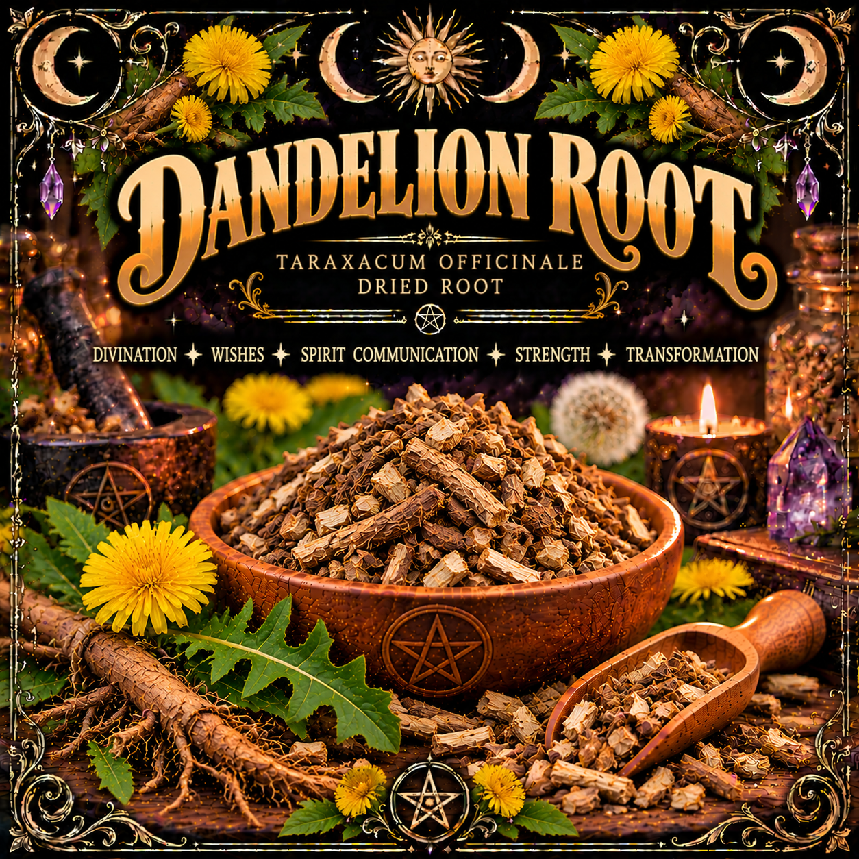 Illustration labelled Dandelion Root, showing chopped roots in a bowl and scoop with yellow flowers