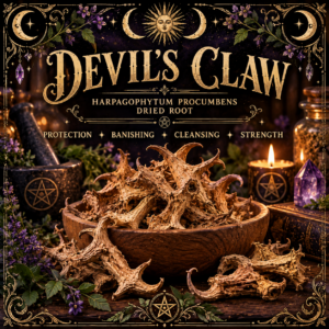 Illustration labelled Devil's Claw, showing brown hooked plant pieces in a wooden bowl