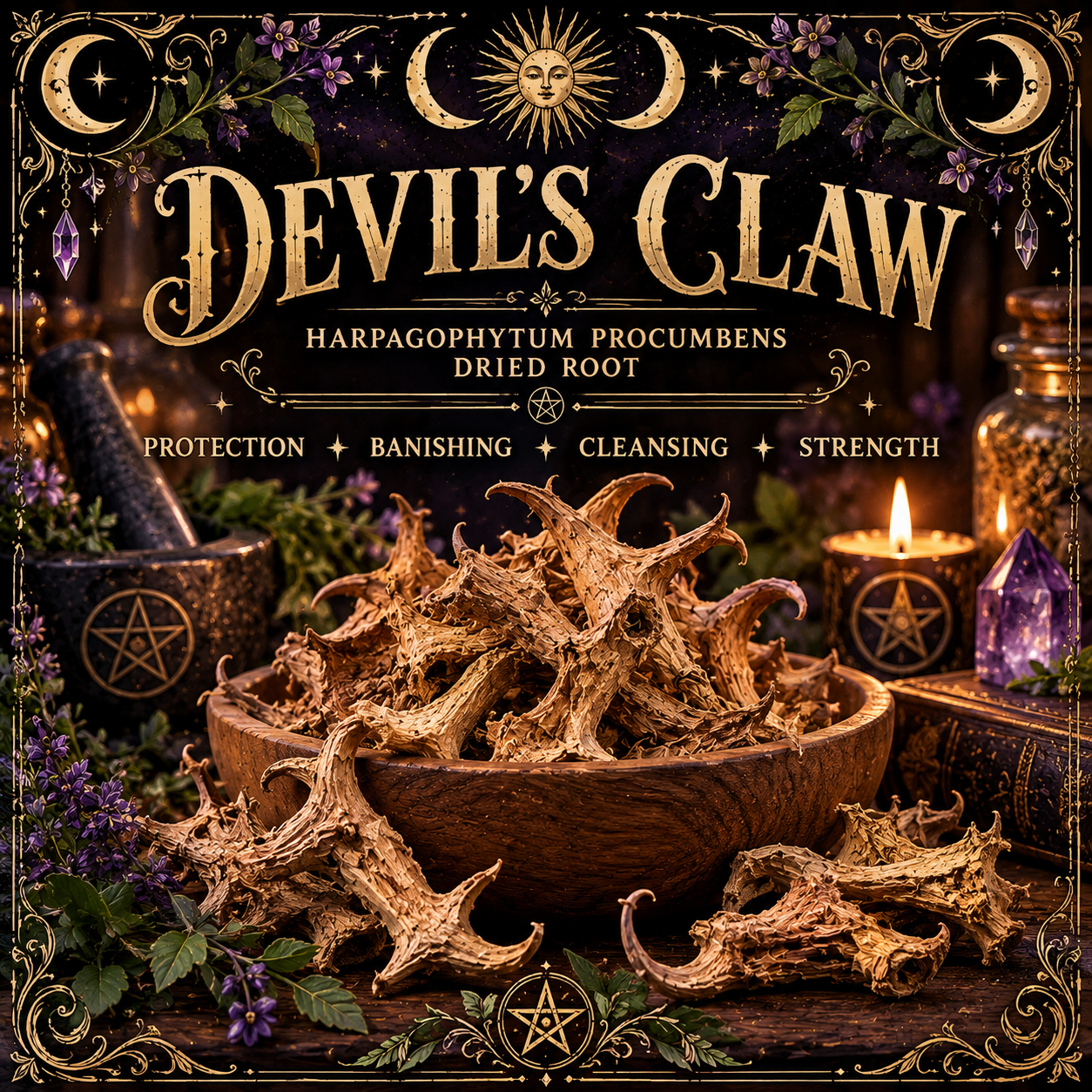 Illustration labelled Devil's Claw, showing brown hooked plant pieces in a wooden bowl