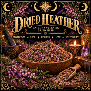 Illustration labelled Dried Heather, showing pink flowering sprigs in a wooden bowl and scoop