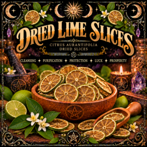 Illustration labelled Dried Lime Slices, showing dried citrus rounds in a wooden bowl with green limes