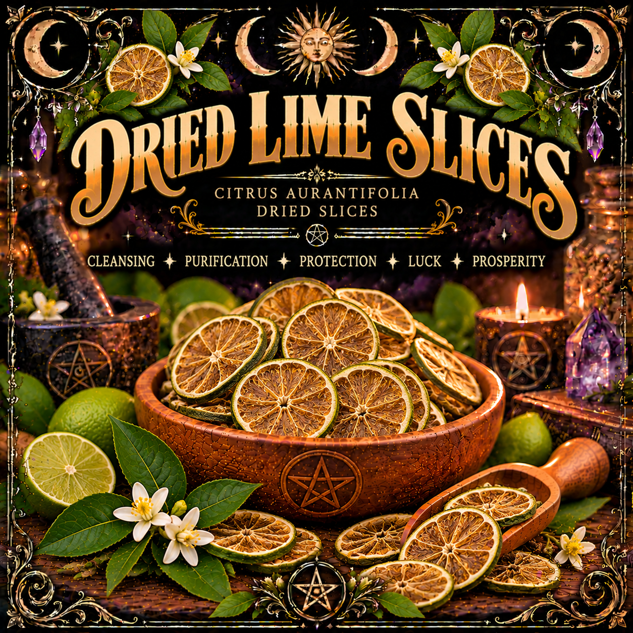 Illustration labelled Dried Lime Slices, showing dried citrus rounds in a wooden bowl with green limes