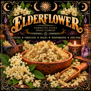 Illustration labelled Elderflower, showing cream flowers in a wooden bowl with flowering sprigs