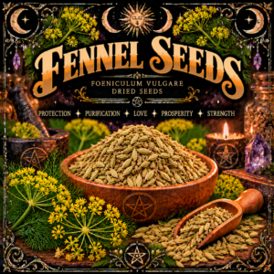 Illustration labelled Fennel Seeds, showing seeds in a wooden bowl with yellow flower heads