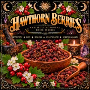 Illustration labelled Hawthorn Berries, showing dried red berries in a wooden bowl with white blossoms