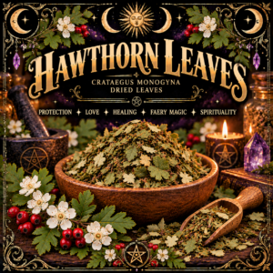 Illustration labelled Hawthorn Leaves, showing dried leaves in a wooden bowl with white blossoms and red berries