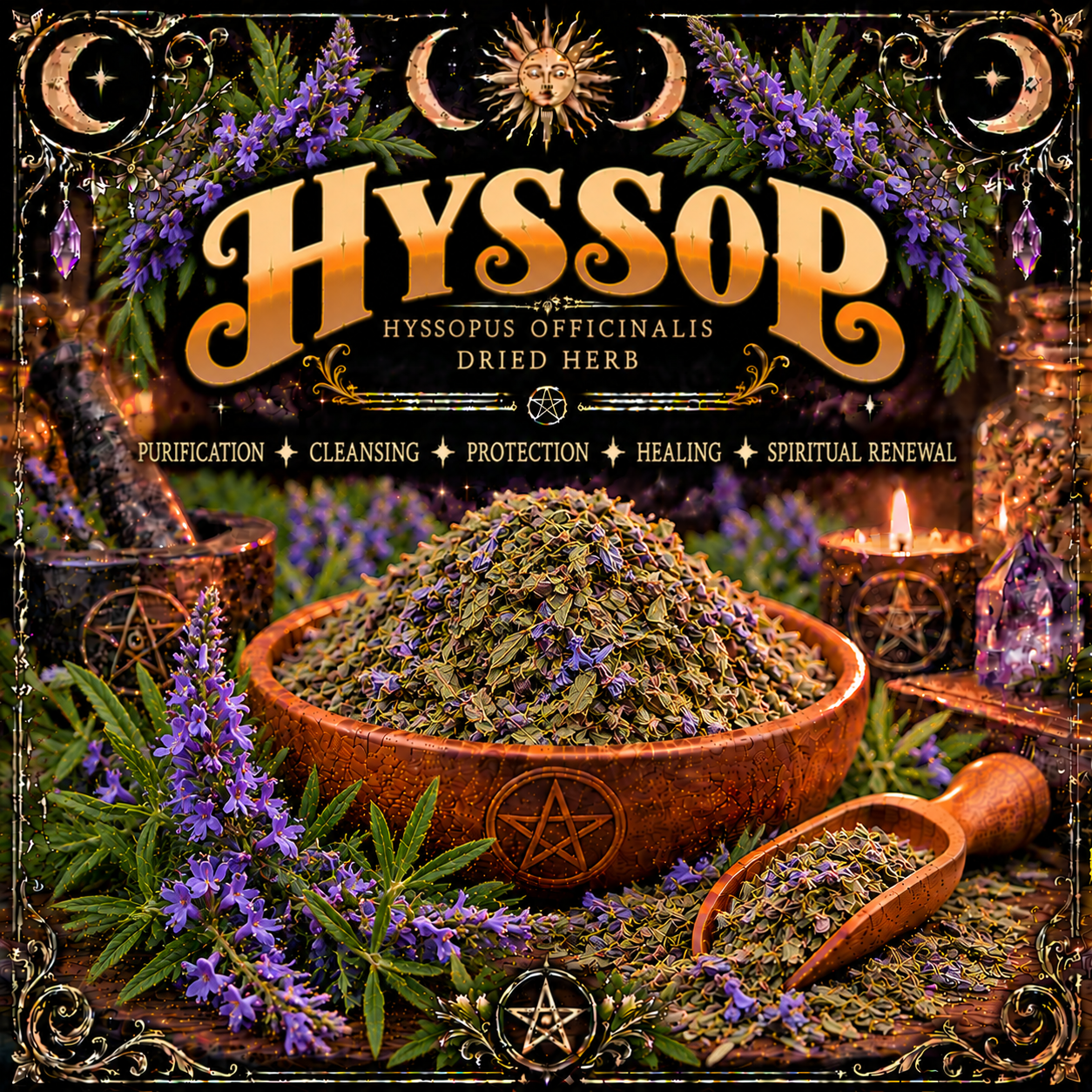 Illustration labelled Hyssop, showing dried leaves in a wooden bowl with purple flower spikes