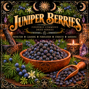 Illustration labelled Juniper Berries, showing dark blue berries in a wooden bowl with juniper sprigs