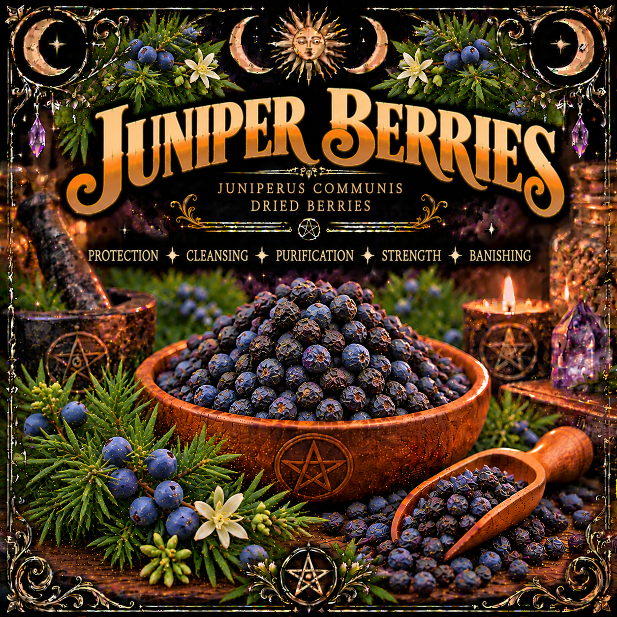 Illustration labelled Juniper Berries, showing dark blue berries in a wooden bowl with juniper sprigs