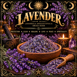 Illustration labelled Lavender, showing purple flower buds in a wooden bowl with lavender sprigs