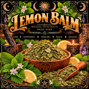 Illustration labelled Lemon Balm, showing dried leaves in a wooden bowl with green leaves and lemon slices
