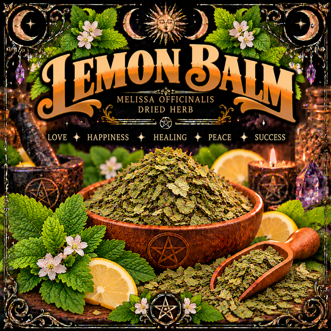 Illustration labelled Lemon Balm, showing dried leaves in a wooden bowl with green leaves and lemon slices