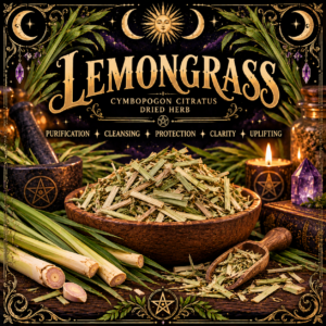 Illustration labelled Lemongrass, showing cut dried stalks in a wooden bowl with green lemongrass stems