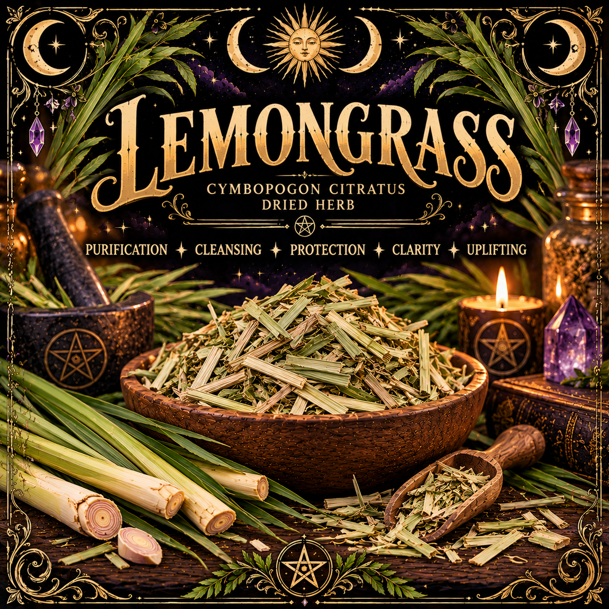 Illustration labelled Lemongrass, showing cut dried stalks in a wooden bowl with green lemongrass stems