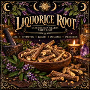 Illustration labelled Liquorice Root, showing brown root pieces in a wooden bowl with purple flowers