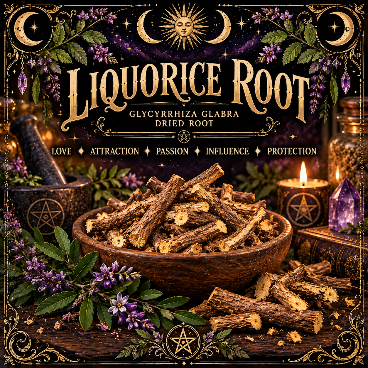 Illustration labelled Liquorice Root, showing brown root pieces in a wooden bowl with purple flowers