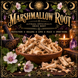 Illustration labelled Marshmallow Root, showing dried root pieces in a bowl with pale pink flowers