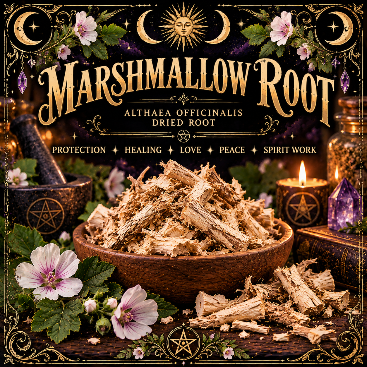 Illustration labelled Marshmallow Root, showing dried root pieces in a bowl with pale pink flowers