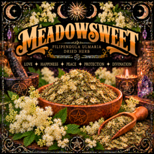 Illustration labelled Meadowsweet, showing dried herbs in a bowl and scoop with cream flowers