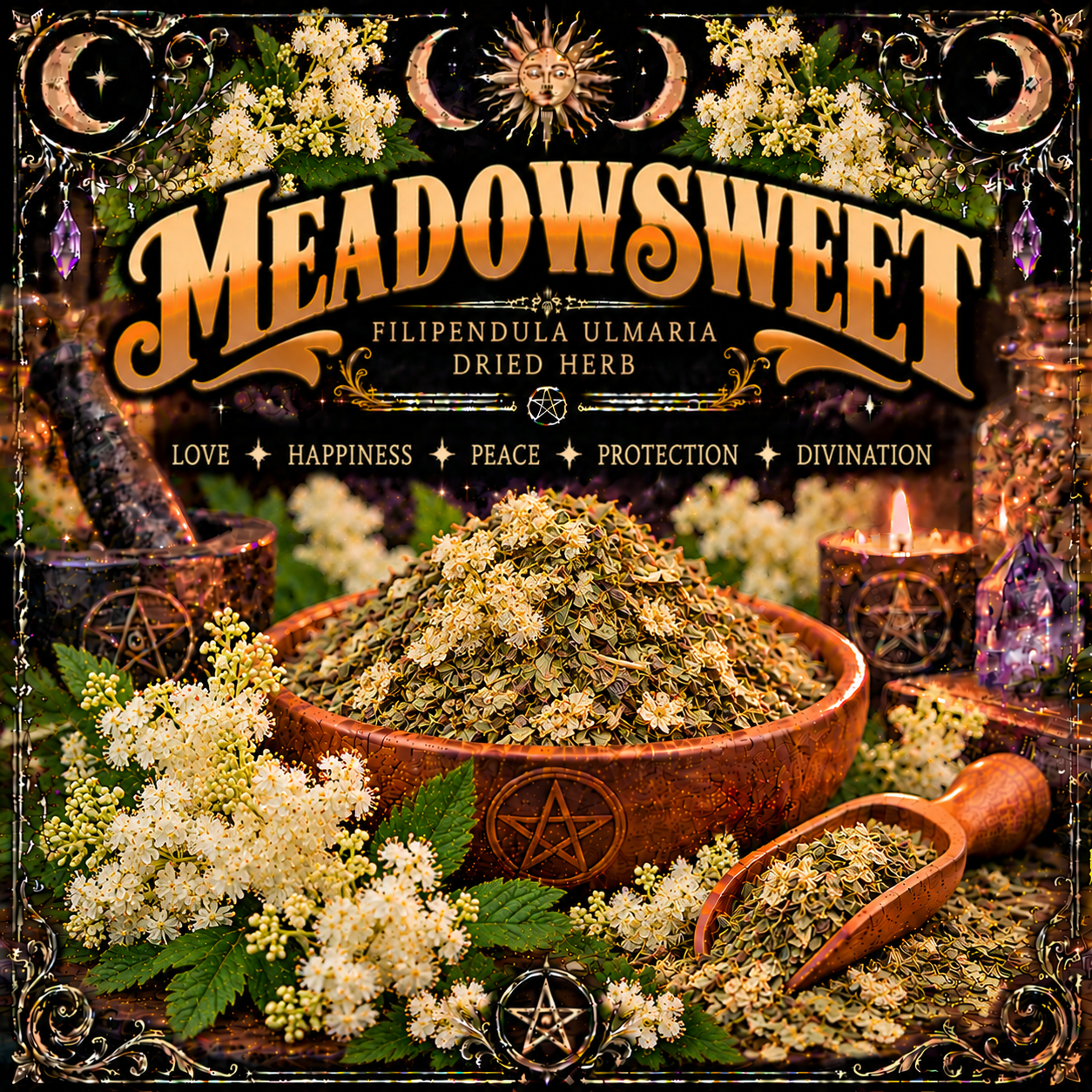 Illustration labelled Meadowsweet, showing dried herbs in a bowl and scoop with cream flowers