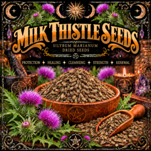 Illustration labelled Milk Thistle Seeds, showing seeds in a wooden bowl with purple thistle flowers