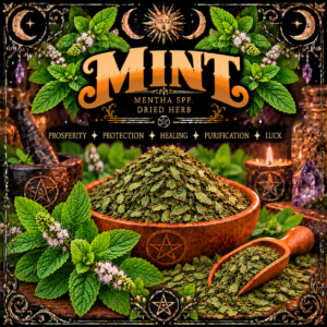 Illustration labelled Mint, showing dried leaves in a wooden bowl with green mint sprigs