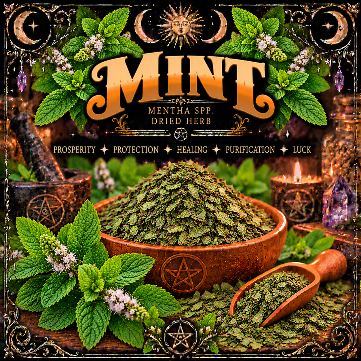 Illustration labelled Mint, showing dried leaves in a wooden bowl with green mint sprigs