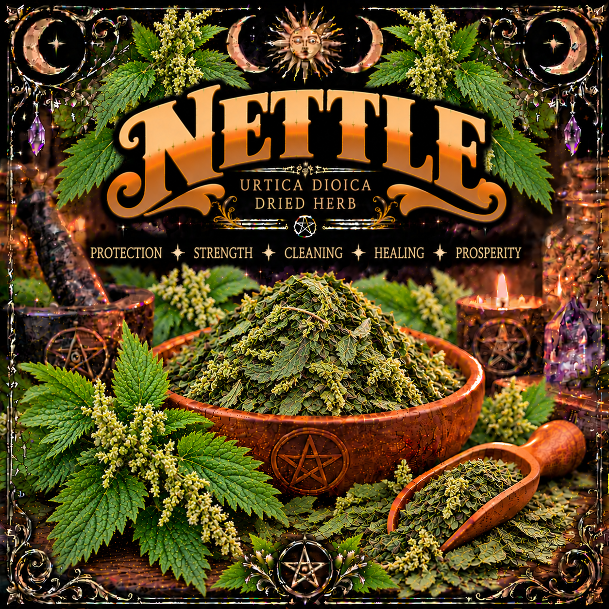 Illustration labelled Nettle, showing dried leaves in a wooden bowl with green nettle stems
