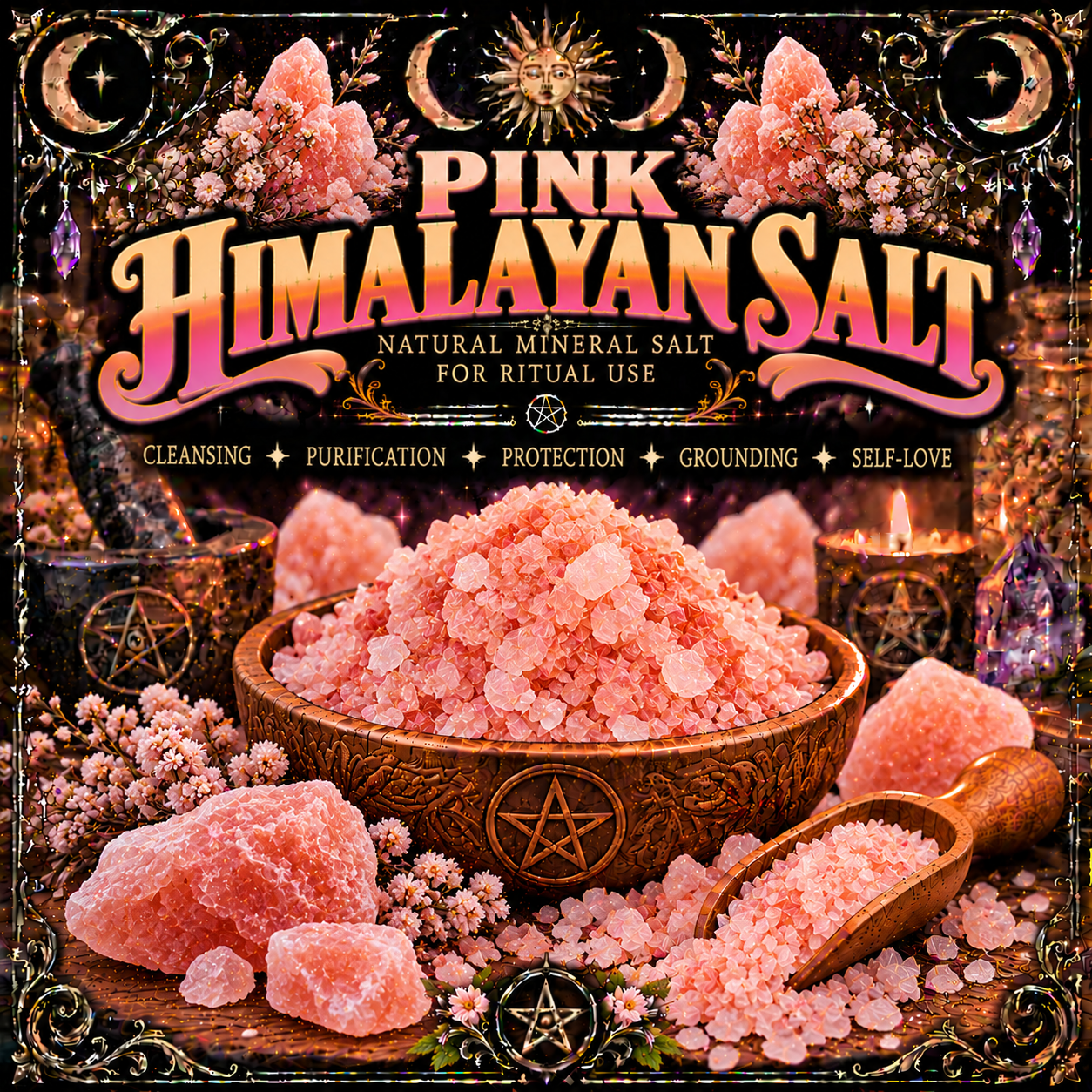 Illustration labelled Pink Himalayan Salt, showing pink crystals in a bowl and scoop