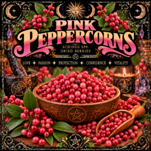 Illustration labelled Pink Peppercorns, showing pink berries in a wooden bowl and scoop