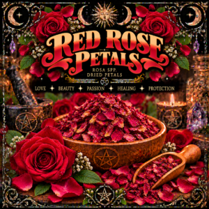 Illustration labelled Red Rose Petals, showing dried red petals in a wooden bowl with roses